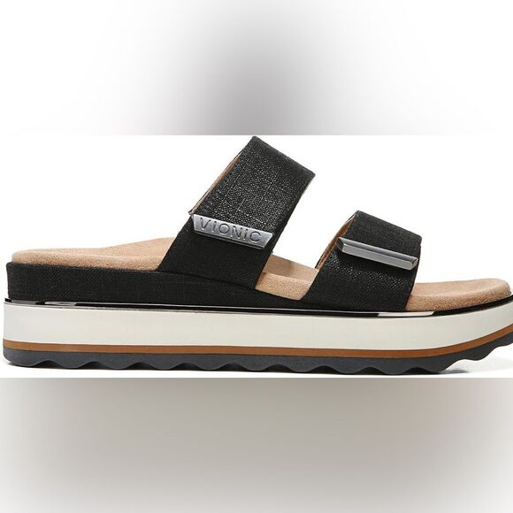 Vionic Brandie Slide Black Sandals Women Size 7.5 Double Strap Buckle Slides - Picture 2 of 12
